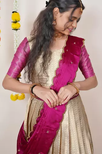 Beautiful South Indian Style Semi-Stitched Half Saree with Blouse and Dupatta for Women