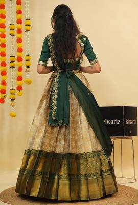Beautiful South Indian Style Semi-Stitched Half Saree with Blouse and Dupatta for Women 2