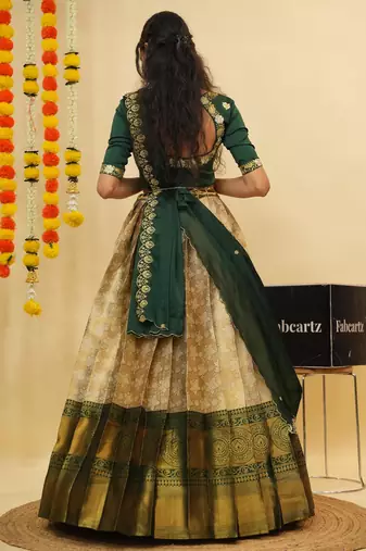 Beautiful South Indian Style Semi-Stitched Half Saree with Blouse and Dupatta for Women