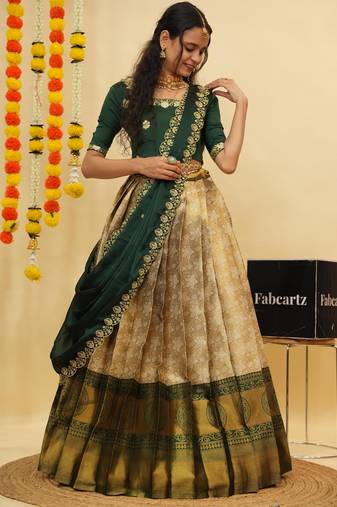 Beautiful South Indian Style Semi-Stitched Half Saree with Blouse and Dupatta for Women