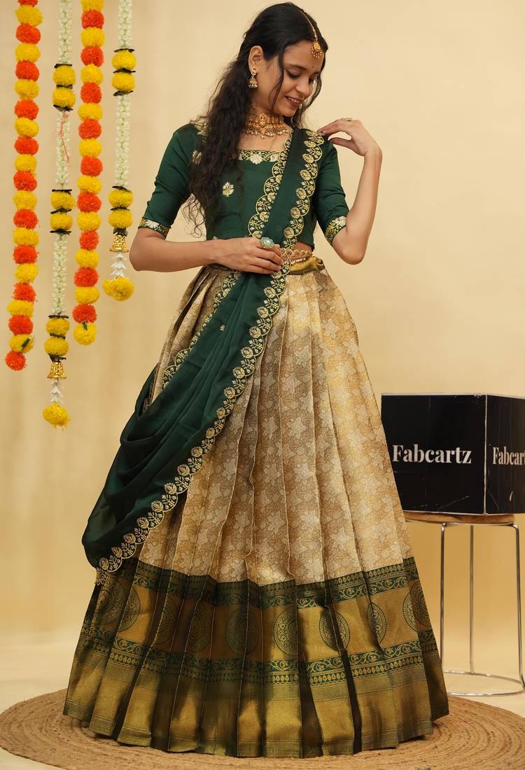 Beautiful South Indian Style Semi-Stitched Half Saree with Blouse and Dupatta for Women