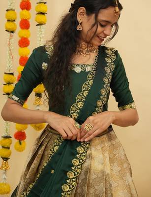 Beautiful South Indian Style Semi-Stitched Half Saree with Blouse and Dupatta for Women 3