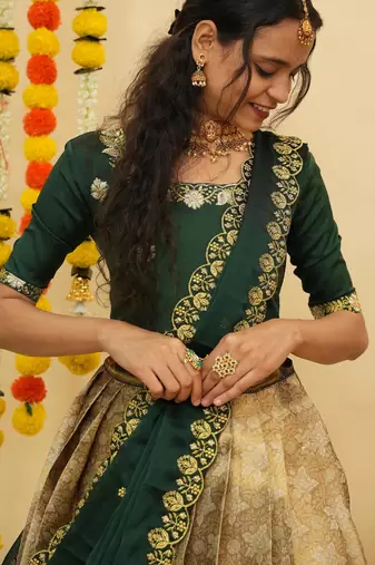 Beautiful South Indian Style Semi-Stitched Half Saree with Blouse and Dupatta for Women