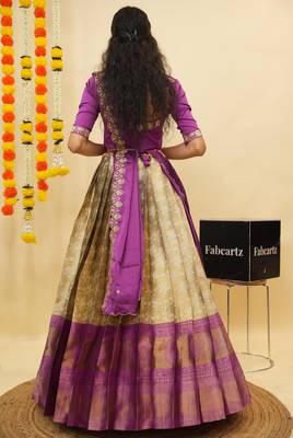 Beautiful South Indian Style Semi-Stitched Half Saree with Blouse and Dupatta for Women 2