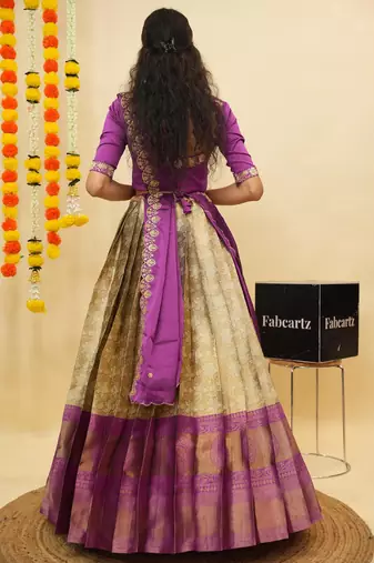Beautiful South Indian Style Semi-Stitched Half Saree with Blouse and Dupatta for Women