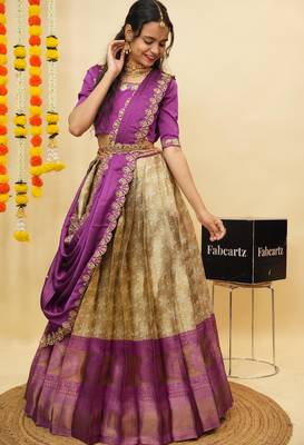Beautiful South Indian Style Semi-Stitched Half Saree with Blouse and Dupatta for Women 1