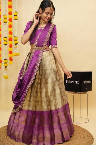 Beautiful South Indian Style Semi-Stitched Half Saree with Blouse and Dupatta for Women