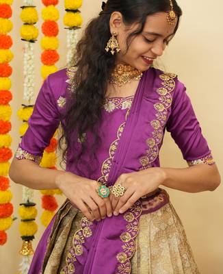 Beautiful South Indian Style Semi-Stitched Half Saree with Blouse and Dupatta for Women 3