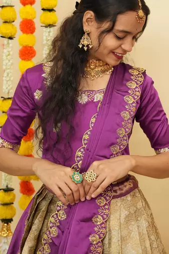 Beautiful South Indian Style Semi-Stitched Half Saree with Blouse and Dupatta for Women