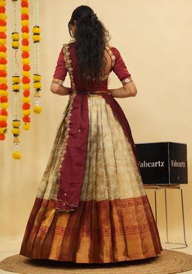 Beautiful South Indian Style Semi-Stitched Half Saree with Blouse and Dupatta for Women 2