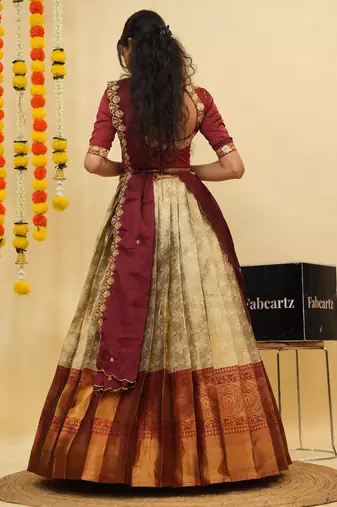 Beautiful South Indian Style Semi-Stitched Half Saree with Blouse and Dupatta for Women