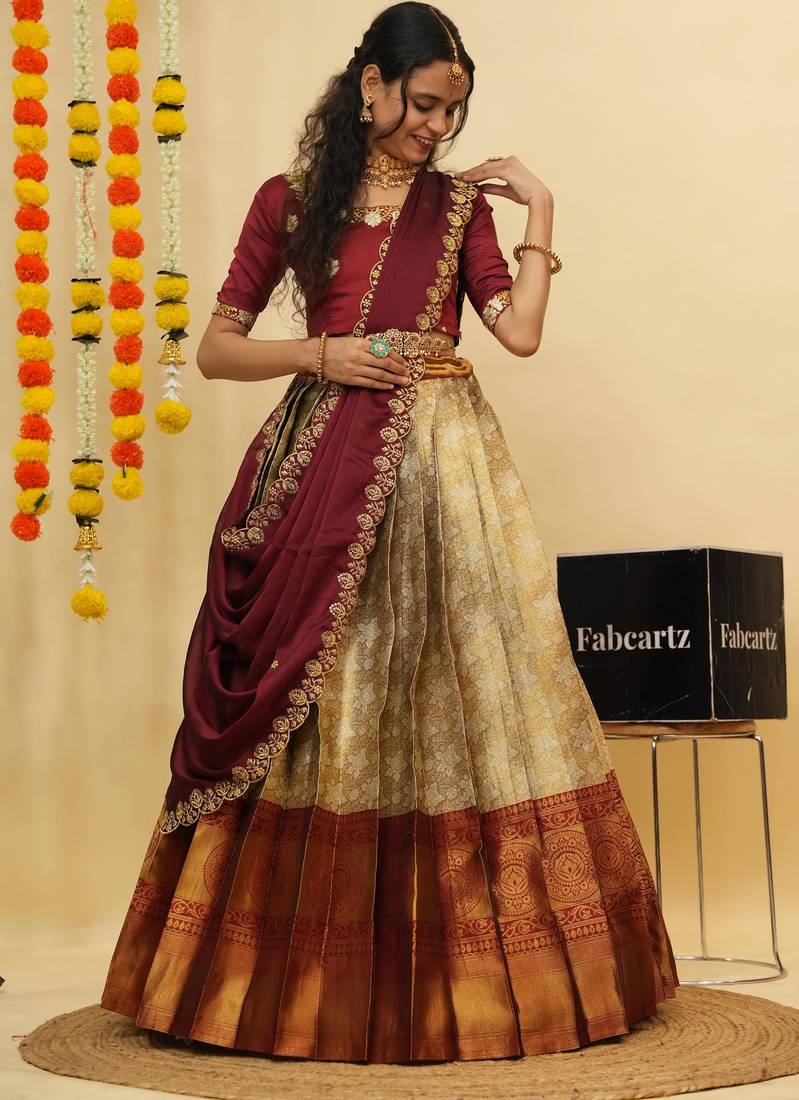 Beautiful South Indian Style Semi-Stitched Half Saree with Blouse and Dupatta for Women