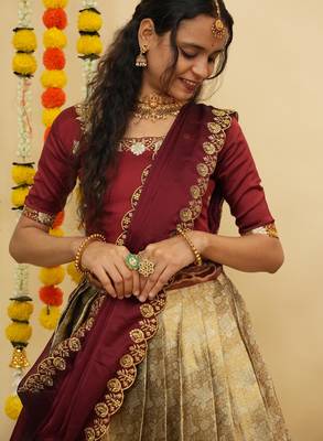Beautiful South Indian Style Semi-Stitched Half Saree with Blouse and Dupatta for Women 3