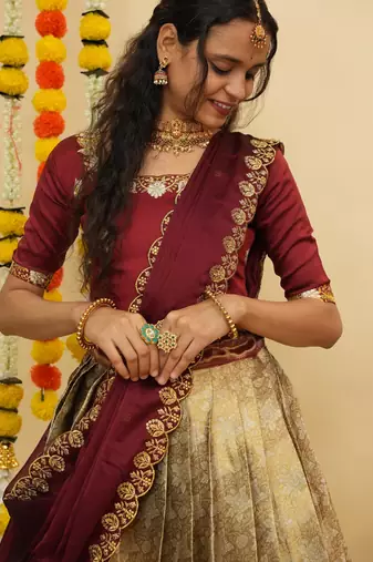 Beautiful South Indian Style Semi-Stitched Half Saree with Blouse and Dupatta for Women