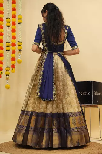 Beautiful South Indian Style Semi-Stitched Half Saree with Blouse and Dupatta for Women