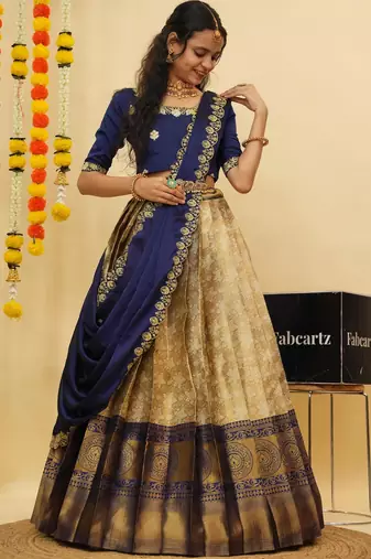 Beautiful South Indian Style Semi-Stitched Half Saree with Blouse and Dupatta for Women