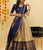Beautiful South Indian Style Semi-Stitched Half Saree with Blouse and Dupatta for Women