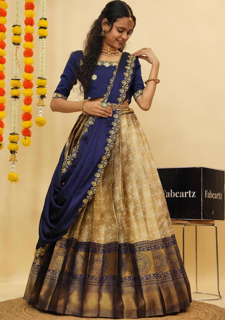 Beautiful South Indian Style Semi-Stitched Half Saree with Blouse and Dupatta for Women