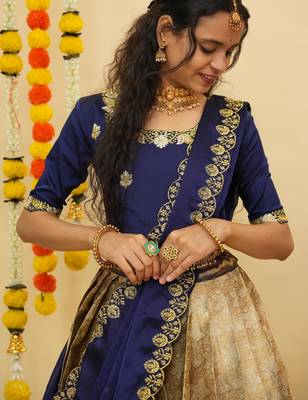 Beautiful South Indian Style Semi-Stitched Half Saree with Blouse and Dupatta for Women 3