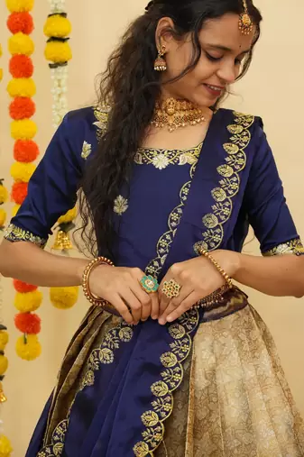 Beautiful South Indian Style Semi-Stitched Half Saree with Blouse and Dupatta for Women