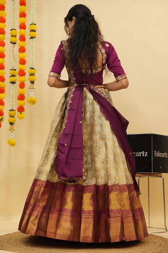 Beautiful South Indian Style Semi-Stitched Half Saree with Blouse and Dupatta for Women