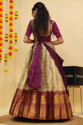 Beautiful South Indian Style Semi-Stitched Half Saree with Blouse and Dupatta for Women