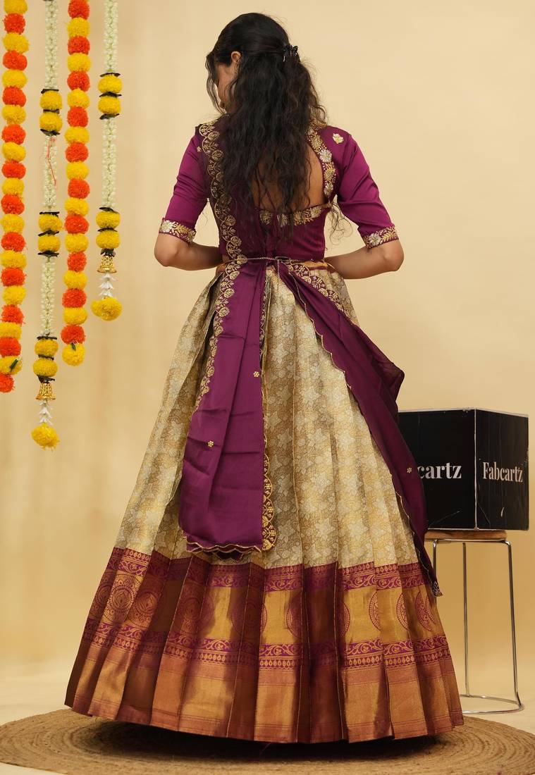 Beautiful South Indian Style Semi-Stitched Half Saree with Blouse and Dupatta for Women