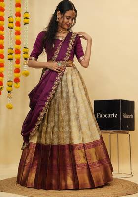 Beautiful South Indian Style Semi-Stitched Half Saree with Blouse and Dupatta for Women 2