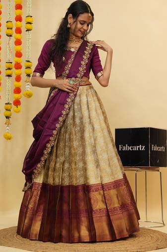 Beautiful South Indian Style ed Half Saree with Blouse and Dupatta for Women