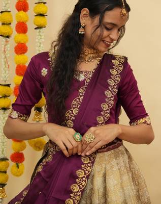 Beautiful South Indian Style Semi-Stitched Half Saree with Blouse and Dupatta for Women 3