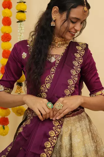 Beautiful South Indian Style Semi-Stitched Half Saree with Blouse and Dupatta for Women