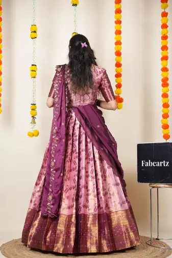 Beautiful South Indian Style Semi-Stitched Half Saree with Blouse and Dupatta for Women
