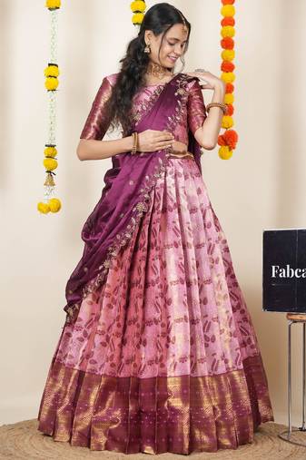 Beautiful South Indian Style Semi-Stitched Half Saree with Blouse and Dupatta for Women