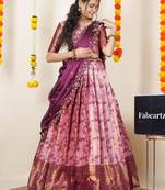 Beautiful South Indian Style Semi-Stitched Half Saree with Blouse and Dupatta for Women