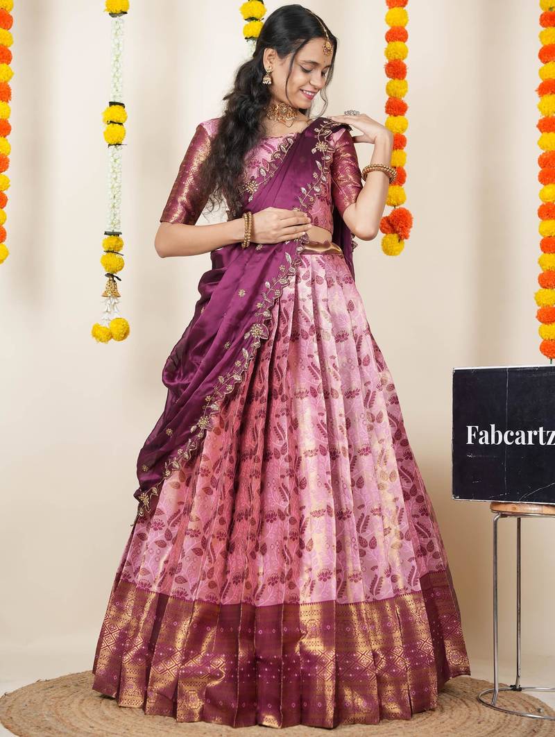 Beautiful South Indian Style Semi-Stitched Half Saree with Blouse and Dupatta for Women