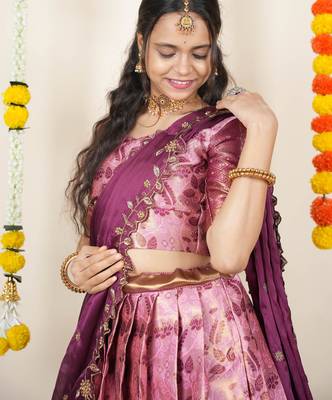 Beautiful South Indian Style Semi-Stitched Half Saree with Blouse and Dupatta for Women 3