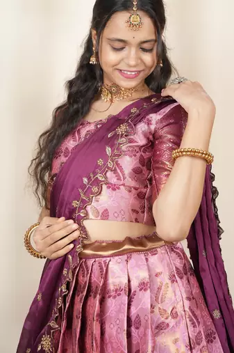 Beautiful South Indian Style Semi-Stitched Half Saree with Blouse and Dupatta for Women