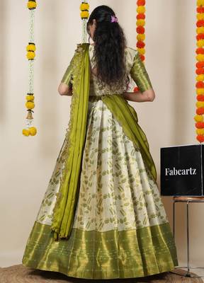 Beautiful South Indian Style Semi-Stitched Half Saree with Blouse and Dupatta for Women 2