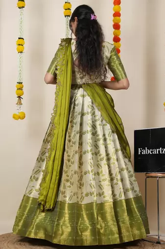 Beautiful South Indian Style Semi-Stitched Half Saree with Blouse and Dupatta for Women