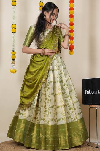Beautiful South Indian Style Semi-Stitched Half Saree with Blouse and Dupatta for Women