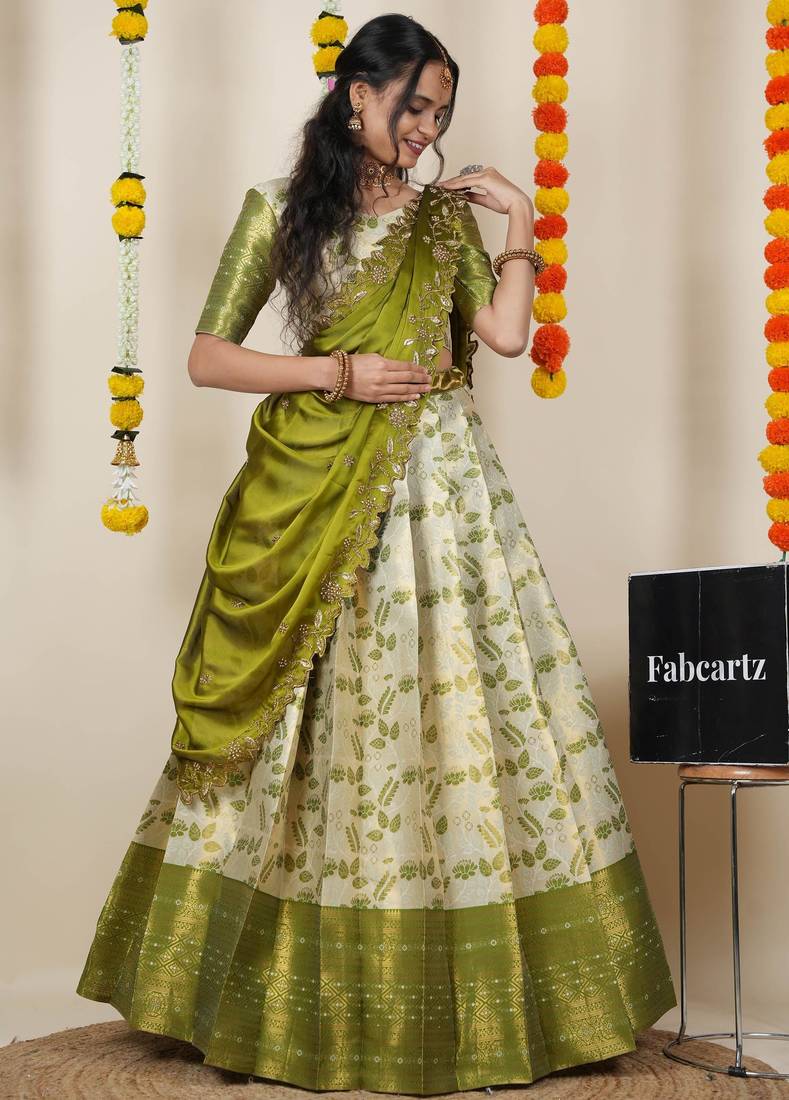 Beautiful South Indian Style Semi-Stitched Half Saree with Blouse and Dupatta for Women