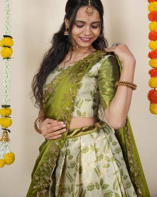 Beautiful South Indian Style Semi-Stitched Half Saree with Blouse and Dupatta for Women 3