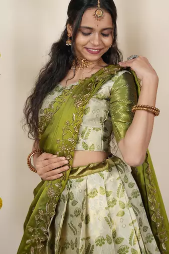 Beautiful South Indian Style Semi-Stitched Half Saree with Blouse and Dupatta for Women