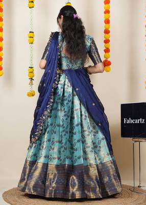Beautiful South Indian Style Semi-Stitched Half Saree with Blouse and Dupatta for Women 2