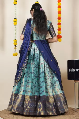Beautiful South Indian Style Semi-Stitched Half Saree with Blouse and Dupatta for Women