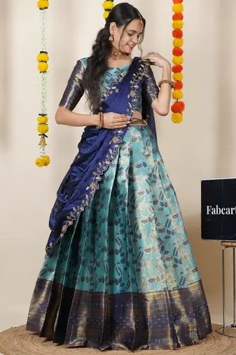 Beautiful South Indian Style Semi-Stitched Half Saree with Blouse and Dupatta for Women