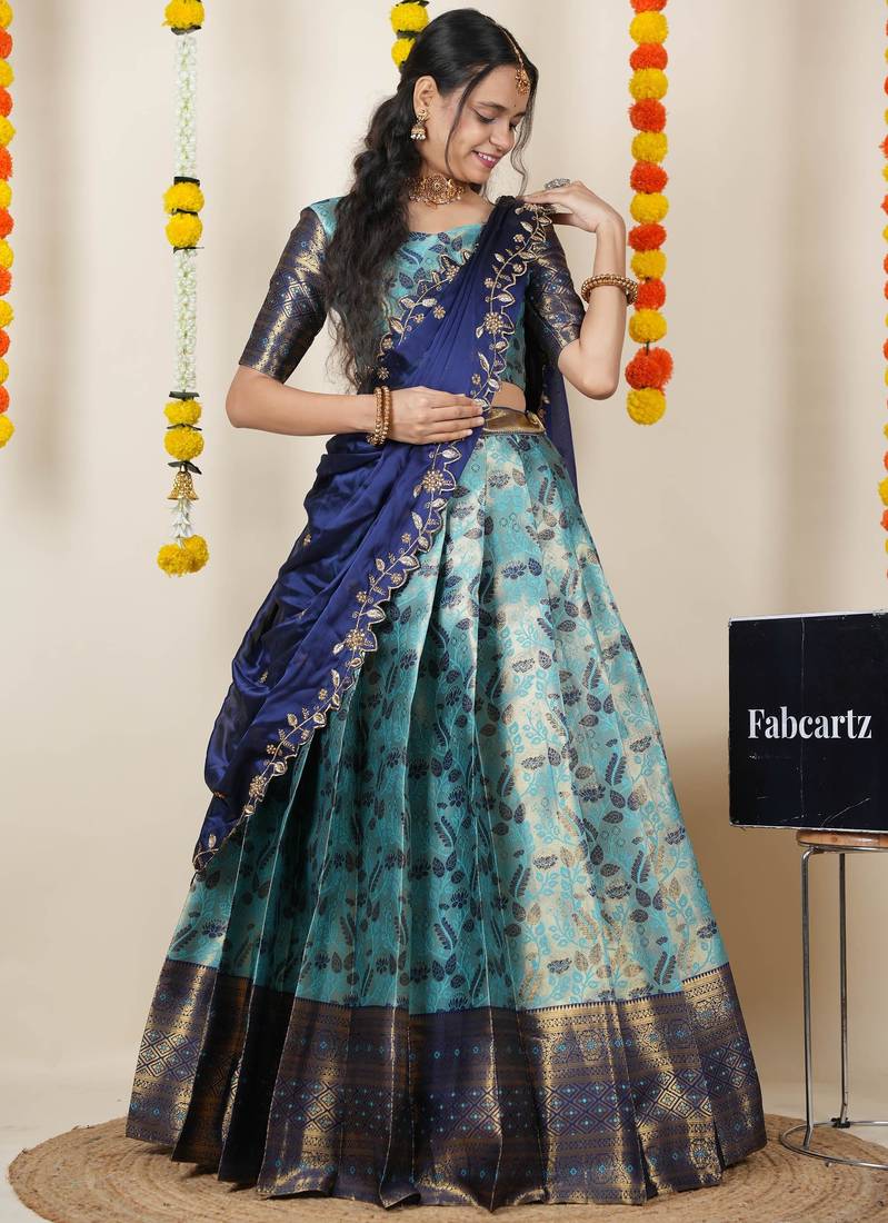 Beautiful South Indian Style Semi-Stitched Half Saree with Blouse and Dupatta for Women