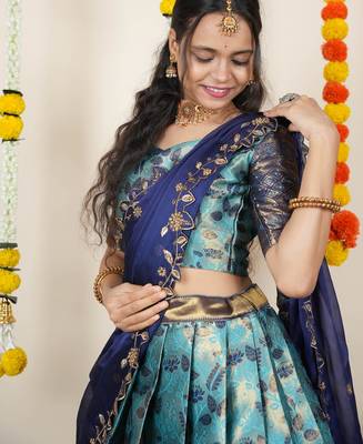 Beautiful South Indian Style Semi-Stitched Half Saree with Blouse and Dupatta for Women 3