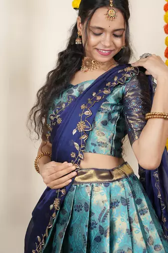 Beautiful South Indian Style Semi-Stitched Half Saree with Blouse and Dupatta for Women