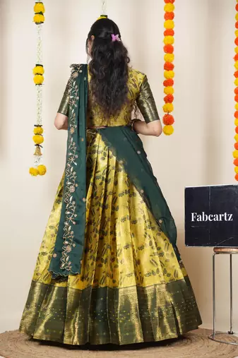 Beautiful South Indian Style Semi-Stitched Half Saree with Blouse and Dupatta for Women